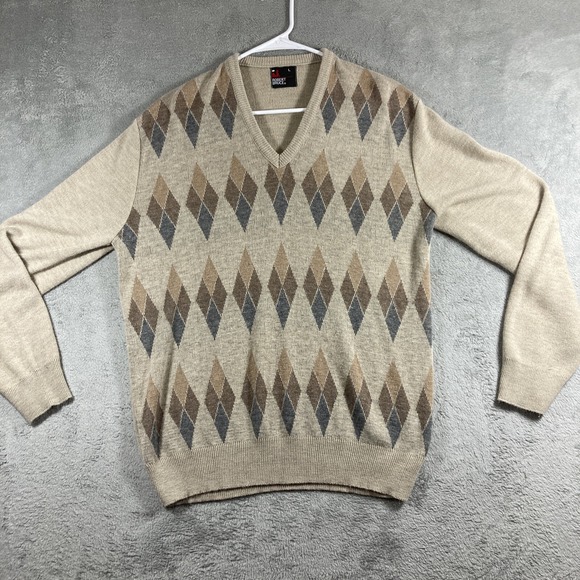 Vintage Argyle Sweater Men Large Brown Robert Bruce V Neck Preppy LS USA Made - Picture 2 of 13